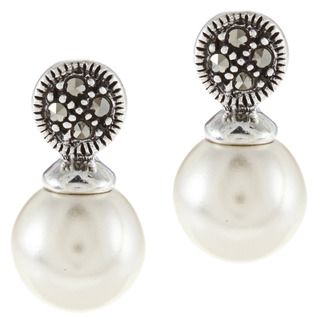 Glitzy Rocks Sterling Silver Marcasite and Faux Pearl Earrings