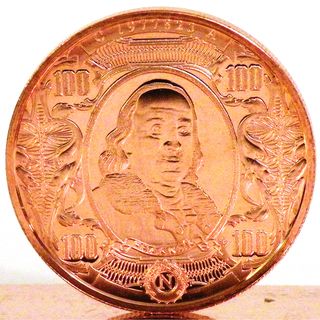 ounce 999 Pure Copper Bullion Coin 2012 Ben Franklin $100 Note Design
