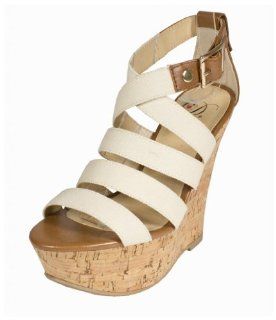 Wedge Sandals with Adjustable Ankle Buckle in Beige Tan Cotton Shoes