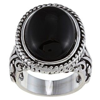 Silvertone Oval cut Black Resin Antiqued Fashion Ring with Scrollwork
