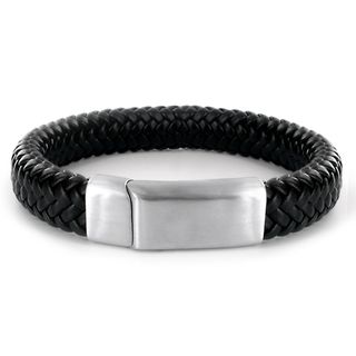 Stainless Steel and Black Leather Mens Braided Design Bracelet
