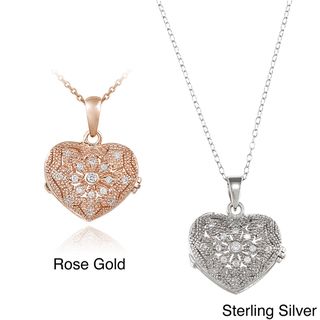 Icz Stonez Sterling Silver Cubic Zirconia Flower Heart Locket Necklace