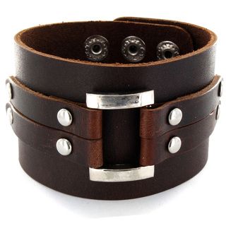 Adjustable Brown Wide Leather and Polished Buckle Cuff Bracelet