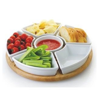 Piece White Porcelain Chip and Dip Server with Bamboo Lazy Susan