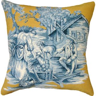 Blue and Yellow Country Toile Needlepoint 20 inch Decorative Pillow
