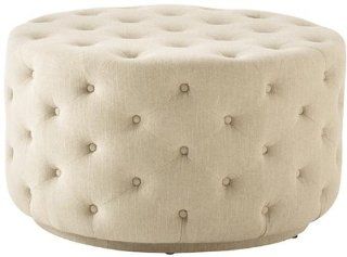 Lia Tufted Ottoman, 32ROUNDX19H, SOLID NATURAL LINEN