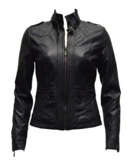 Ladies Black Synthetic Leather Jacket Belt Strap Collar