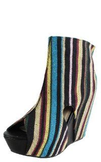  Zena84 Woven Striped Side Cutout Wedge Booties BLACK: Shoes