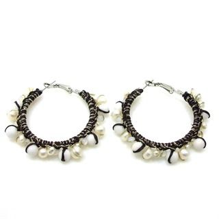 Milky Quartz and Pearl Cotton Hoop Earrings (Thailand)