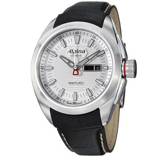 Alpina Mens Club Silver Dial Black Leather Strap Day Date Watch