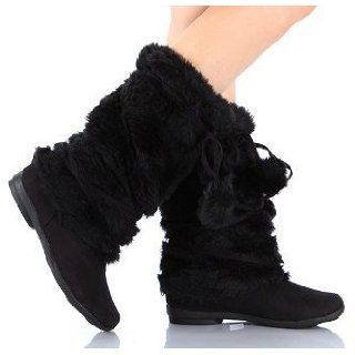 Mukluks Soft Furry Pom pom Snow Winter Flat Boot Black