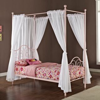 Pink Metal Twin size Canopy Bed with Curtains