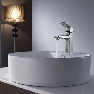 Kraus White Round Ceramic Sink and Virtus Basin Faucet Brushed Nickel
