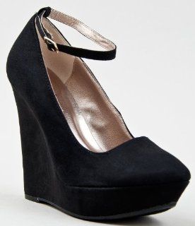 Black Suede Pointy Toe Ankle Strap Wedges Size 10.0 (Pulse02): Shoes