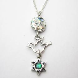 Sterling Silver Dove and Religious Dangle Roman Glass Necklace (Israel