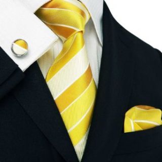 Landisun 110 Bright Yellow Stripes Mens Silk Tie Set Tie