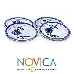 Set of 4 Ceramic Blue Chrysanthemum Dinner Plates (El Salvador