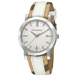 Burberry Womens Nove Check White Leather Fabric Strap Watch