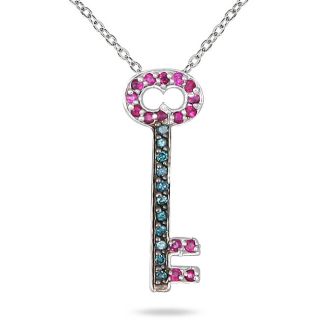 14k White Gold Ruby and 1/10ct TDW Blue Diamond Key Necklace