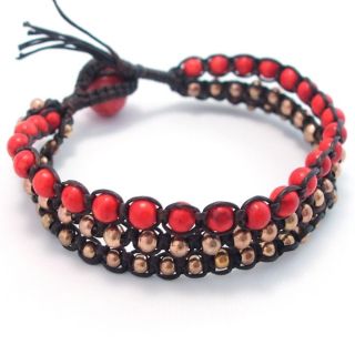 Red Coral Brass Beads Chic Medley Three Strand Bracelet (Thailand