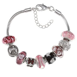 La Preciosa Silvertone Pink and Purple Glass Bead Charm Bracelet