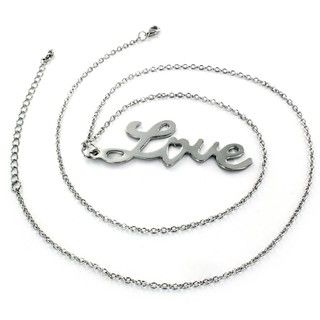 Polished Silvertone Script Love Pendant Necklace