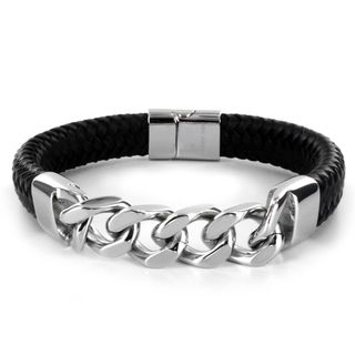 Stainless Steel and Black Leather Mens Chain Link Bracelet