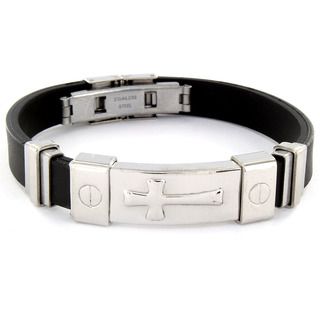 Stainless Steel and Rubber Raised Cross ID Bracelet