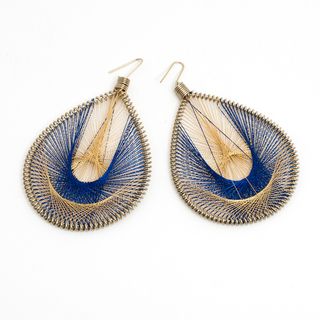 Silk Thread Earrings (Blue/Golden Tan) (India)