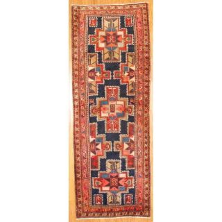 Persian Hand knotted Hamadan Navy/ Coral Wool Rug (310 x 107
