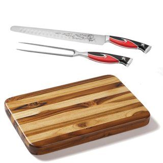 Guy Fieri 3 piece Knuckle Sandwich Carving Knife Teak Cutting Board