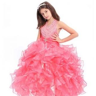 Elegant Pink Jewel Halter Ruffle Layer Skirt Girls Pageant