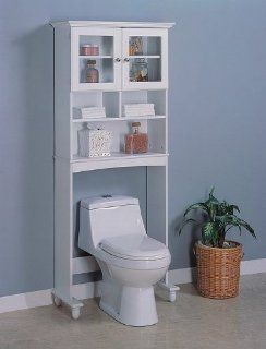 White Wood Bathroom Commode Shelf w/Storage Shelves Glass