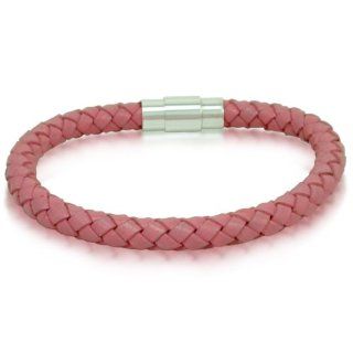 Ladies Braided Pink Leather Bracelet with Stainless Steel