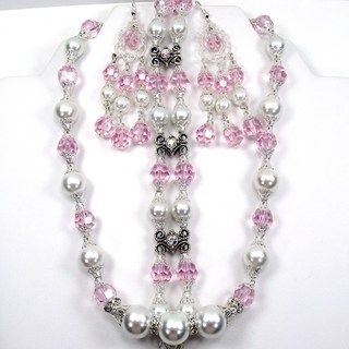 White Glass Pearl and Pink Crystal Jewelry Set