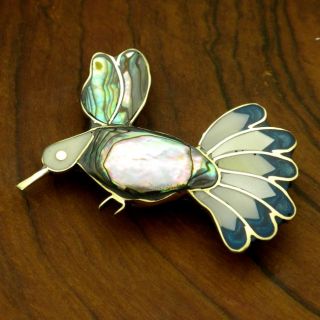 Handmade Mother of pearl and Sterling Silver Hummingbird Pin (Mexico