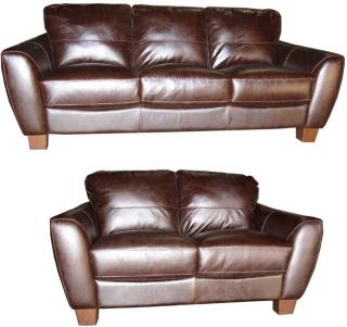 Distressed Brown Leather Sofa and Loveseat Set