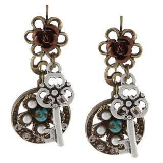 Sweet Romance Vintage Key and Turquoise Flower Charm Earrings