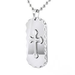 Stainless Steel Antiqued Edge and Raised Cross Dog Tag Necklace