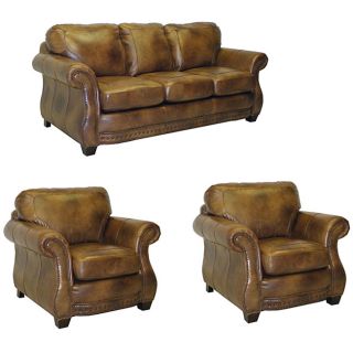 Sterling Cognac Brown Italian Leather Sofa and Two Chairs