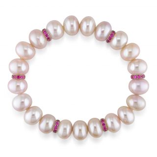 Miadora 14k Gold Pearl and Pink Sapphire Roundel Bracelet (12 13 mm