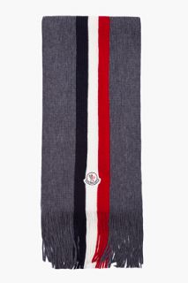 Moncler Grey Striped Ribbed Knit Wool Scarf for men