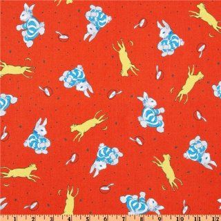 44 Wide Goodnight Moon Bunnies & Cows Red Fabric By The