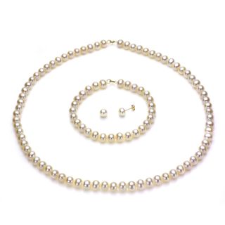 DaVonna 14k Gold White FW Pearl Necklace Bracelet and Earring Set (6 6