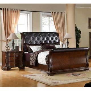 Enitial Lab Luxury Brown Cherry Leatherette Baroque Style Sleigh Bed