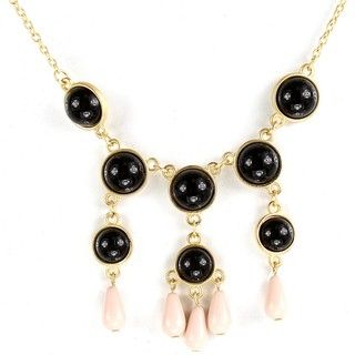 Goldtone Black and Pink Bead Drop Bib Necklace
