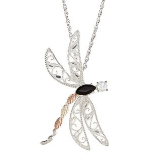 Black Hills Gold and Silver Onyx and Cubic Zirconia Dragonfly Necklace
