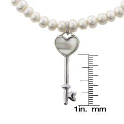 Sterling Silver Freshwater Pearl and Heart Key Charm Stretch Bracelet