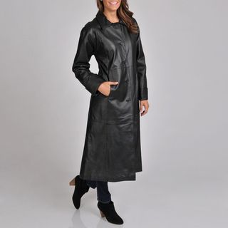 Excelled Womens Black Leather Trench Coat
