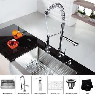 Kraus Stainless Steel Farmhouse Kitchen Sink, Chrome Faucet/ Dispenser
